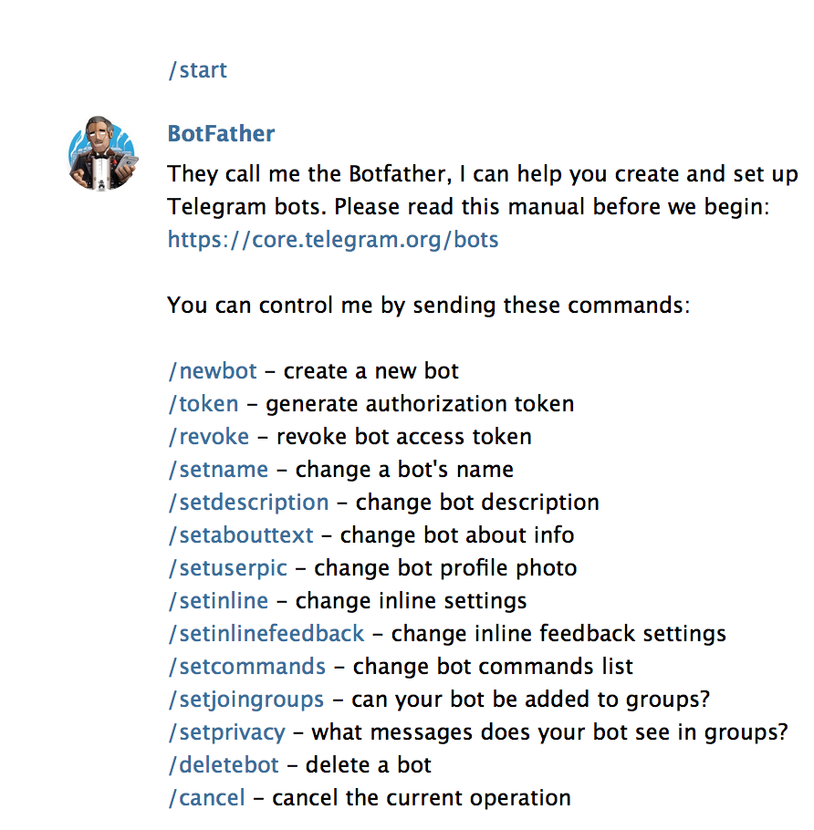 El comando /start te permite hablar con BotFather